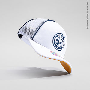 Club America Cali Day Trucker hat in white, floating on a grey background.