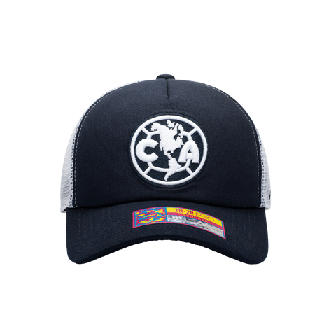 Front view of the Club America Fog Trucker Hat in Navy/White, with high crown, curved peak, mesh back and snapback closure.